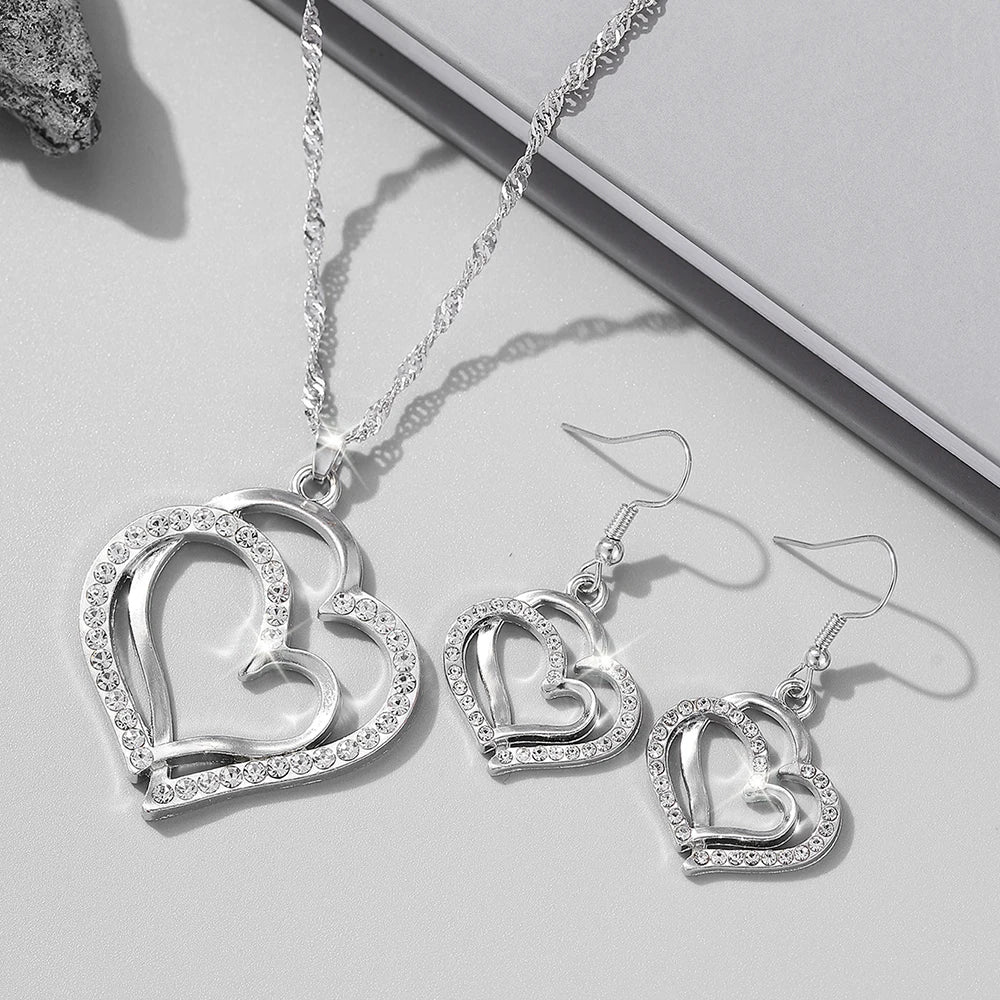 3 Pcs Heart Jewelry Set Of Earrings Pendant Necklace